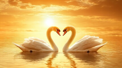 Two Swans Forming Heart Shape at Sunset