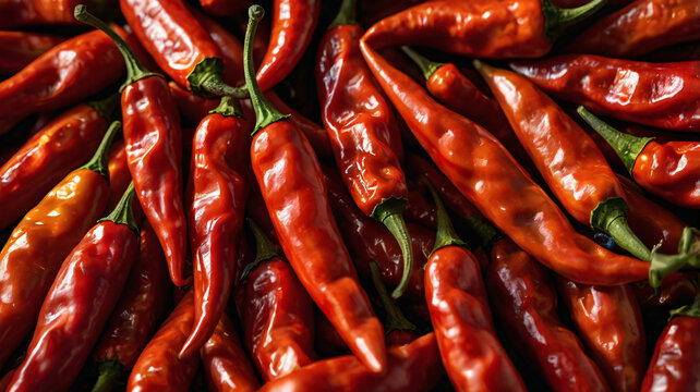 Red Peppers, Fresh red chili peppers and green chili peppers on display with sausages and spices in vibrant market setting, Chili Red Peppers Background