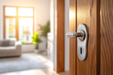 Obraz premium Silver Door Handle on Wooden Door with Blurred Living Room Background