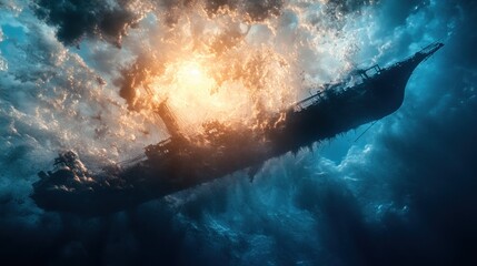 Fototapeta premium An underwater scene depicting a sunken ship illuminated by a glowing surface.