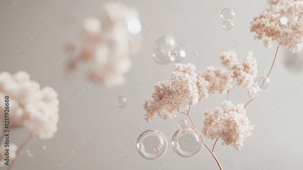 Aufkleber delicate white flowers floating with transparent bubbles creating a serene atmosphere