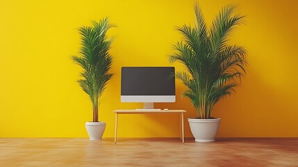 Fototapeta premium Minimalist Home Office Setup With Plants and Computer