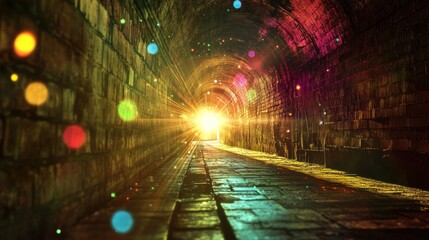A vibrant tunnel leading to a bright light, enhanced with colorful bokeh effects.