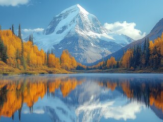 Obraz premium Majestic snow capped mountain reflecting in calm lake with autumn golden trees