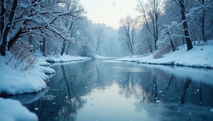 Frozen pond with snowflakes falling on ice and surrounding trees, peaceful, wintry scene, ice