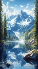 Majestic snow capped mountain peaks reaching towards the sky are reflected in the calm tranquil waters of a serene alpine lake surrounded by a dense evergreen forest in a pristine wilderness setting