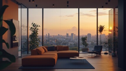 Luxury apartment sunset city view living room.