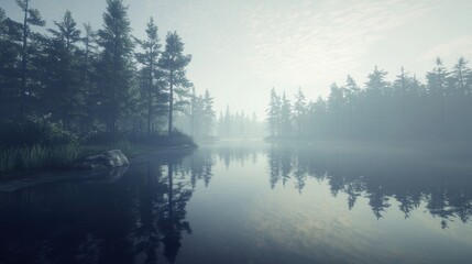 Misty morning lake reflecting trees in a tranquil forest.