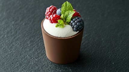   A chocolate cup topped with whipped cream, raspberries, blueberries, and a sprig of mint