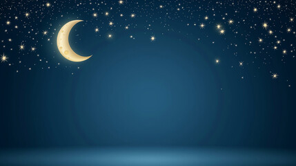 Glowing crescent moon and twinkling stars creating magical night sky with copy space