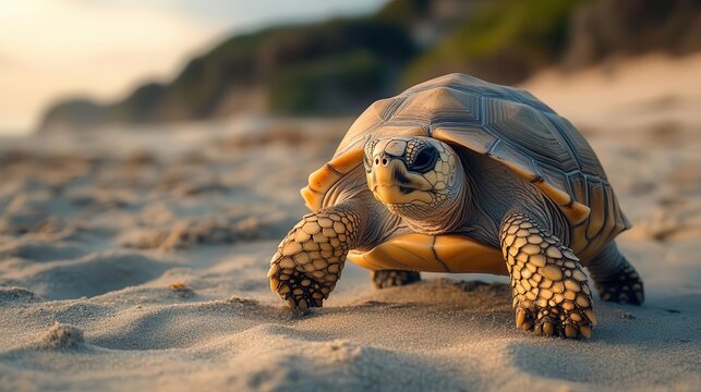 Turtle walking on beach, close-up of turtle shell and feet, sandy beach in the background