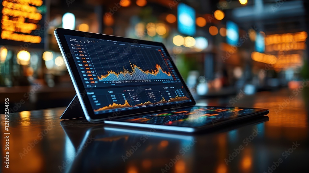 Aufkleber financial data analysis on tablet displaying stock market charts and graphs in a night setting