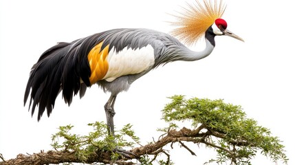 Grey crowned crane perched on a branch.