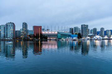 Cityscape View of Vancouver Waterfront with Reflections and Skyline at Dusk