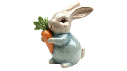 Porcelain bunny holding a carrot on transparent background