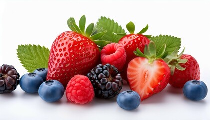 assorted berries including strawberries raspberries and blueberries isolated white background