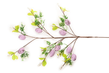 Decorative branch made of lilac Easter eggs on white background
