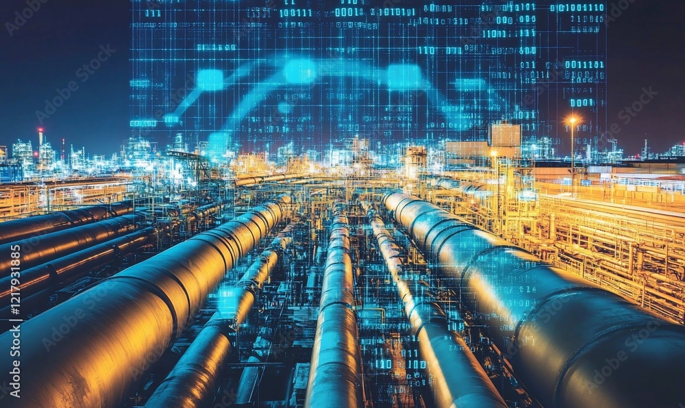 Poster night cityscape with illuminated pipelines and data network overlay