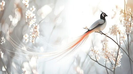 Elegant bird with long tail feathers perched on blossoming tree branch.