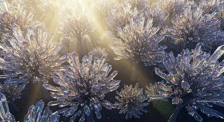 Obraz premium A crystalline forest with trees made of translucent glass, refracting sunlight into rainbow colors