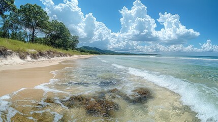 A serene beach scene with white sand, clear water, and dramatic cloud formations under a blue sky
