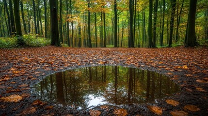 Autumn forest path reflecting in puddle.