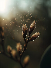 Close-up of delicate buds with raindrops, capturing the freshness of spring rain. Blurred droplets in the background add depth. Ideal for posters or eco-branding projects.