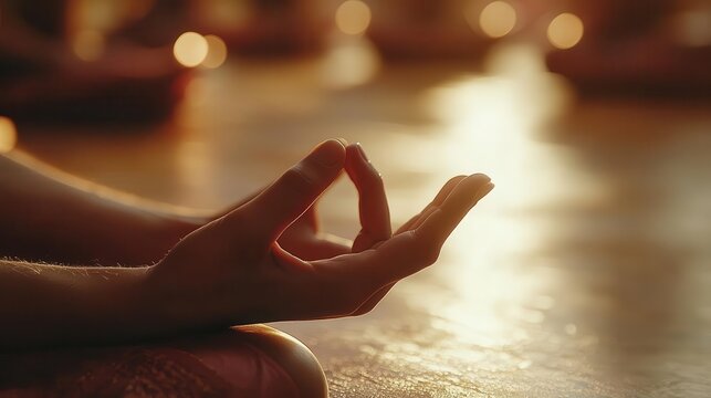 Yoga class in studio, close-up of hands in yoga pose, serene and peaceful atmosphere