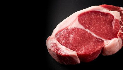Fototapeta premium close up of raw pork steak with perfect fat marbling on a black background leaving room for text