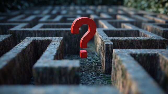 Red question mark stands mysteriously in stone maze soft light enhances depth. AI Generated