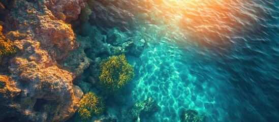 Stunning underwater seascape showcasing a vibrant coral reef teeming with marine life surrounded by crystal clear turquoise waters in a tropical serene paradise