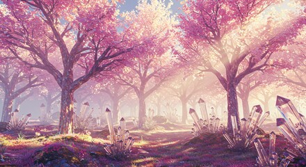 Obraz premium A crystalline forest with trees made of translucent glass, refracting sunlight into rainbow colors