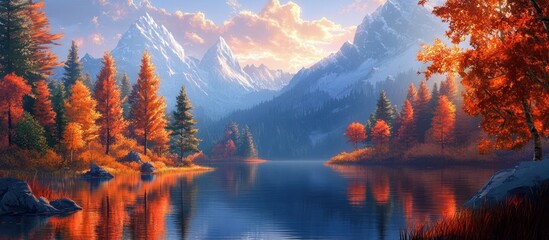 Naklejka premium Breathtaking autumn landscape with a majestic mountain backdrop and a serene lake reflecting the vibrant foliage and dramatic sky A peaceful picturesque scene of natural beauty and tranquility