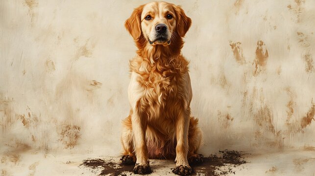 Golden Retriever sits patiently in mud puddle soft light. AI Generated