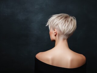 Blonde model showing trendy pixie haircut from behind, copy space
