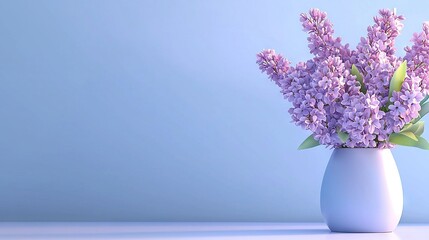 Fototapeta premium A blue vase overflowing with vibrant purple blossoms graces a pristine white countertop, set against a serene blue backdrop