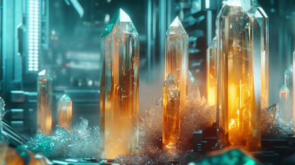 Layers of translucent crystals stacked in intricate formations, each crystal reflecting warm amber and cool turquoise hues. The setting is a futuristic lab with a glowing background of high-tech machi