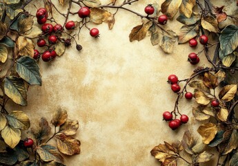 Fototapeta premium Natural Autumn Frame with Ripe Berries and Dried Leaves on Textured Background for Seasonal and Festive Themes