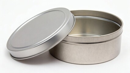 Cylindrical metal tin box with a removable lid on a white background  