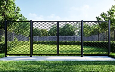 Black metal fence gate in a green backyard with trees and bushes