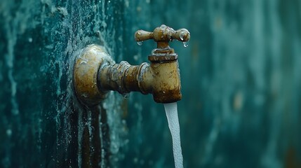 Rusty faucet drips clean water against teal wall. AI Generated