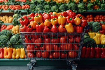 Fresh bell peppers piled high in a shopping cart at a colorful market