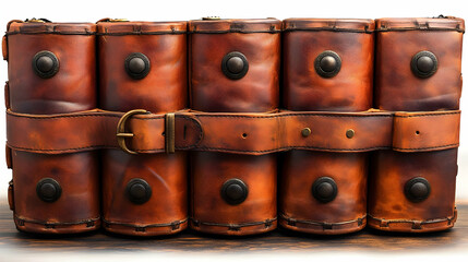 Handcrafted Brown Leather Belt with Metal Buckles and Decorative Stitching