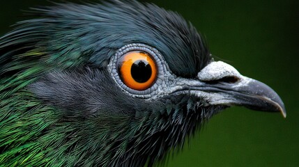 Fototapeta premium a bird's head, displaying its green and black feathers along with an orange-colored eye