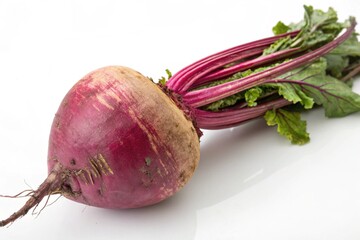 Fresh organic beetroot with leaves on white