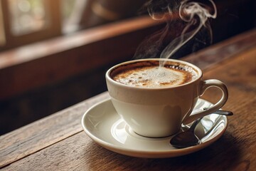 Steaming Cup of Coffee on Wooden Table