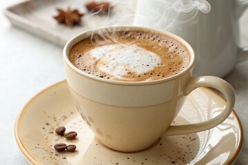 Obraz premium Steaming Cup of Coffee on Wooden Table