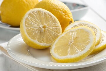 Fresh Whole Lemon and Sliced Lemon on Plates