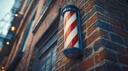 Obraz premium Classic barber pole dramatically glows against warm brick wall. AI Generated