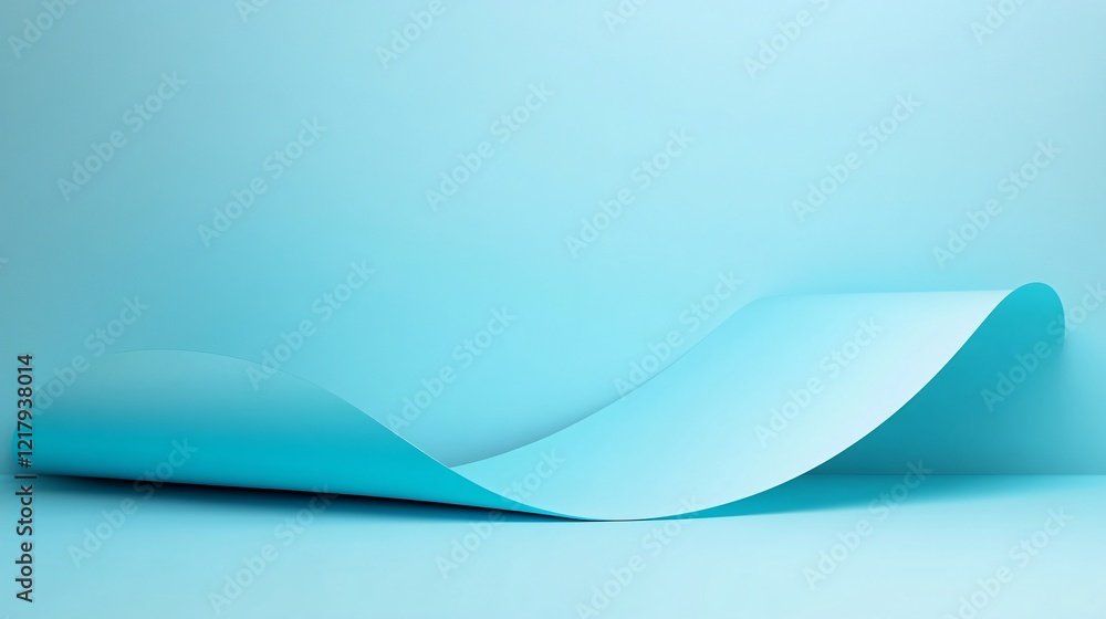 Fototapete light blue wavy paper sheet creating abstract shapes on minimalist monochromatic background